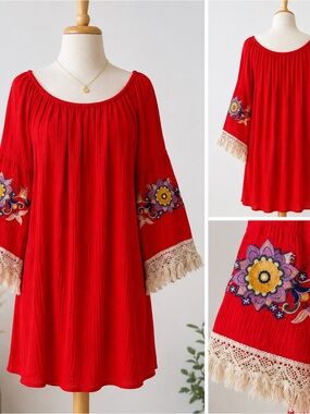 Entro Red Boho Tunic Dress Women’s Size S Embroidered Bell Sleeves Crocheted